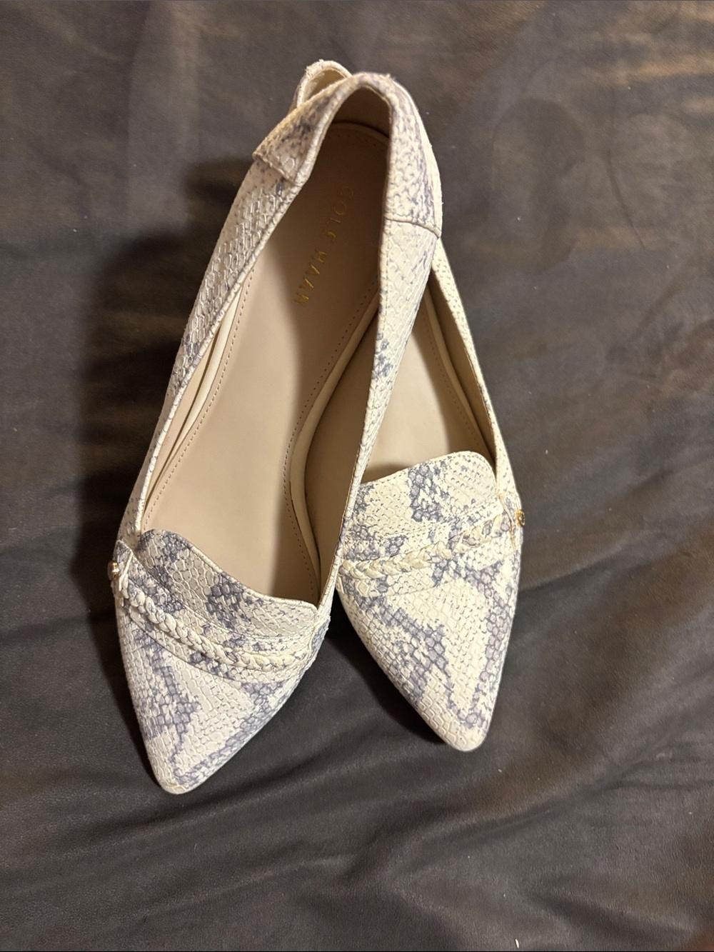 Cole Haan Pointed-Toe Snakeskin-Print Flats in Cream and Gray